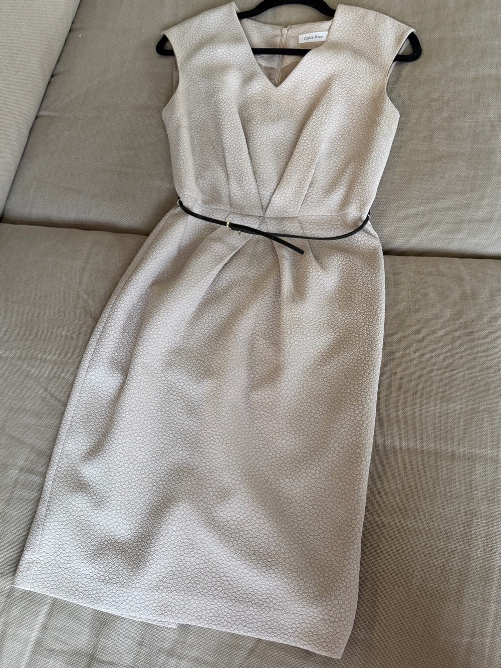 Calvin Klein Cream Textured V-Neck Sheath Dress with Black Belt